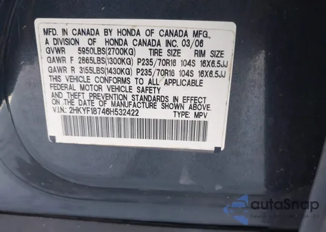 2006 Honda Pilot Ex-L z USA, uszkodzony, nr VIN 2HKYF18746H532422